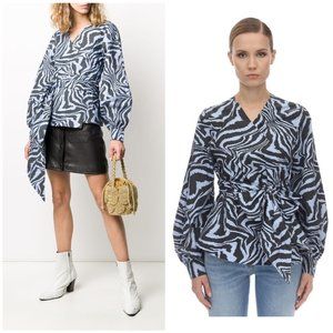 Ganni Poplin Wrap Top Animal Print Zebra Purple Puff Balloon Sleeves Sz 34